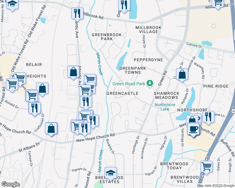 map of restaurants, bars, coffee shops, grocery stores, and more near 4224 Bertram Drive in Raleigh