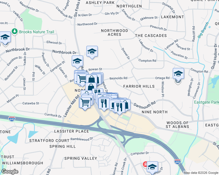 map of restaurants, bars, coffee shops, grocery stores, and more near 4300 Camelot Drive in Raleigh