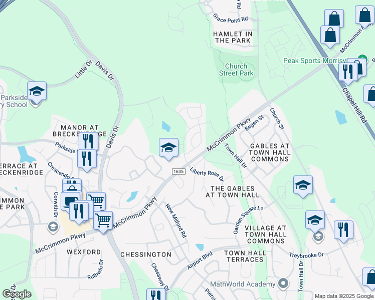 map of restaurants, bars, coffee shops, grocery stores, and more near 1001 Harris Mill Road in Morrisville
