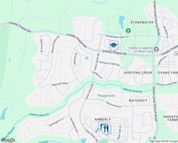 map of restaurants, bars, coffee shops, grocery stores, and more near 711 Finnbar Drive in Cary