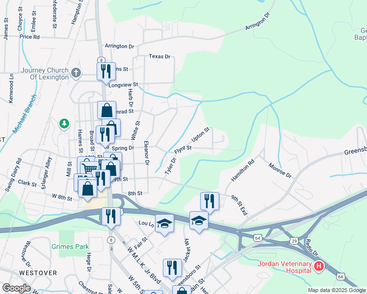 map of restaurants, bars, coffee shops, grocery stores, and more near 200 Flynt Street in Lexington