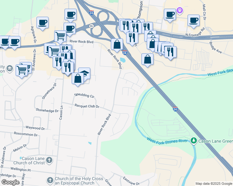 map of restaurants, bars, coffee shops, grocery stores, and more near 563 River Rock Boulevard in Murfreesboro