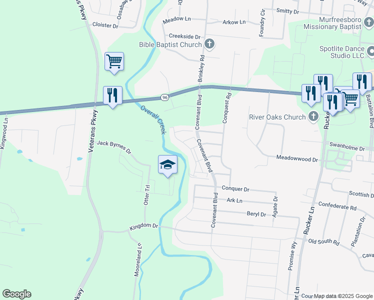 map of restaurants, bars, coffee shops, grocery stores, and more near 350 Covenant Boulevard in Murfreesboro