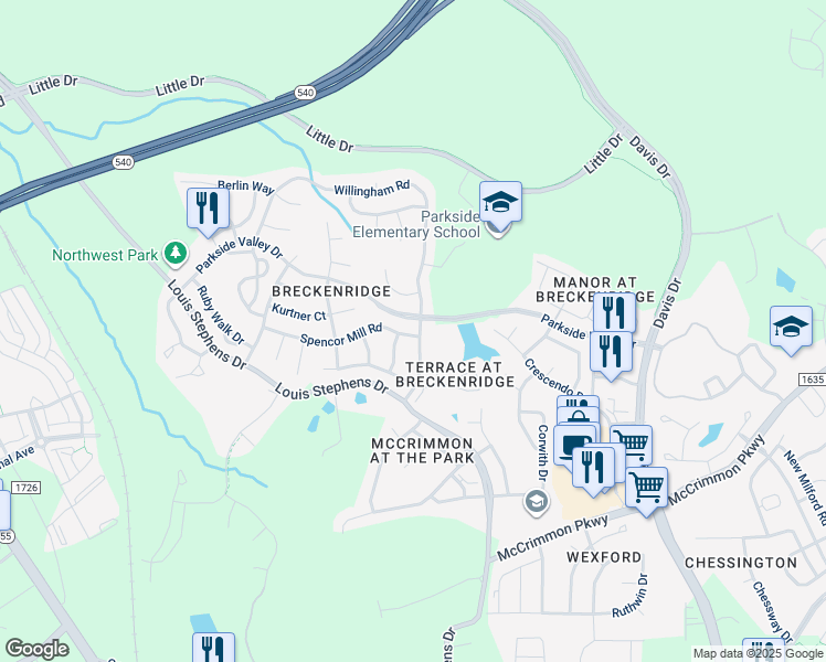 map of restaurants, bars, coffee shops, grocery stores, and more near 100 Spencor Mill Road in Morrisville
