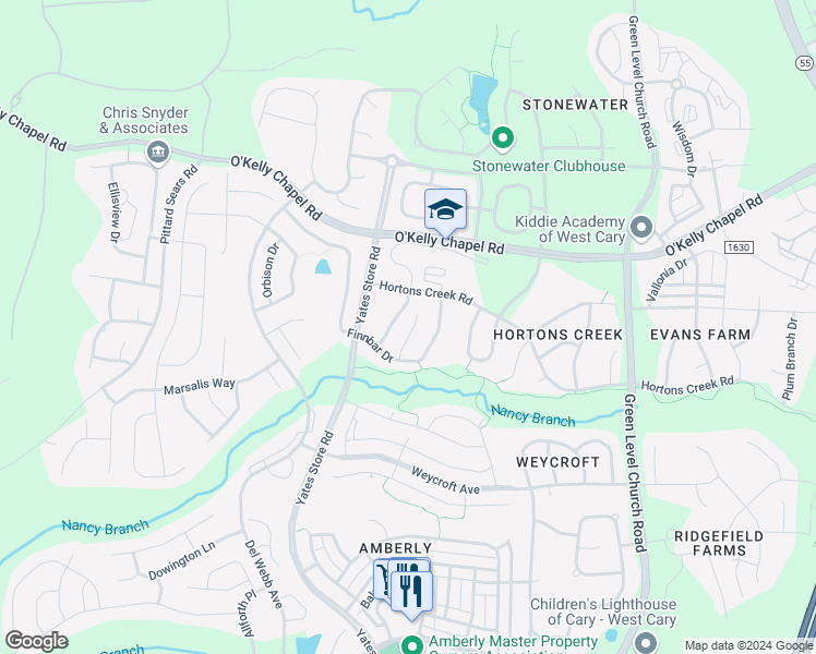 map of restaurants, bars, coffee shops, grocery stores, and more near 2223 Rocky Bay Court in Cary