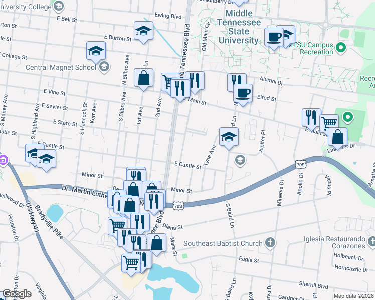 map of restaurants, bars, coffee shops, grocery stores, and more near 1315 East Castle Street in Murfreesboro
