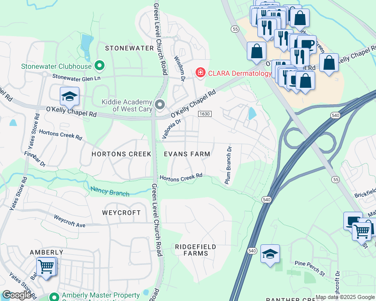 map of restaurants, bars, coffee shops, grocery stores, and more near 4024 Strendal Drive in Cary