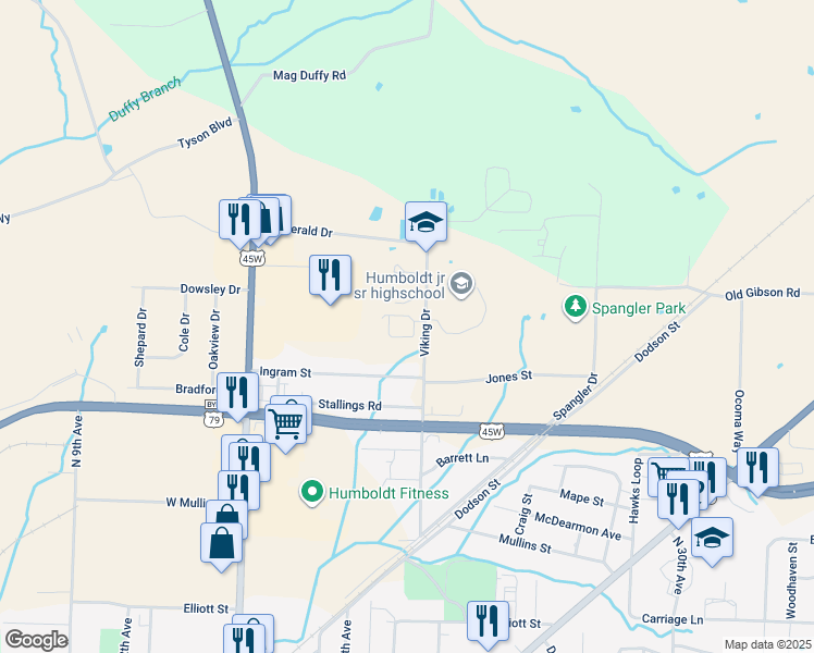 map of restaurants, bars, coffee shops, grocery stores, and more near 2575 Viking Drive in Humboldt