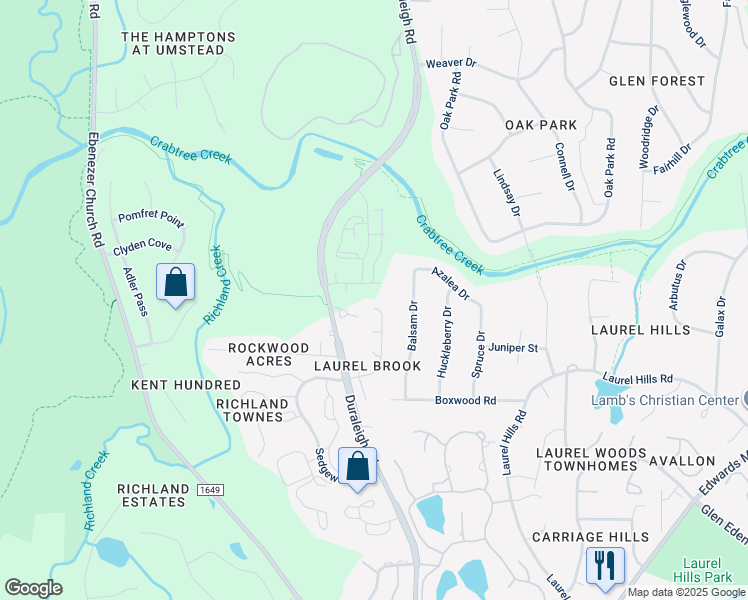 map of restaurants, bars, coffee shops, grocery stores, and more near 4632 Timberhurst Drive in Raleigh