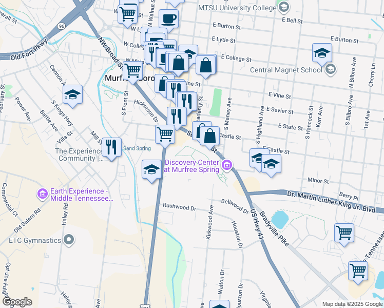 map of restaurants, bars, coffee shops, grocery stores, and more near in Murfreesboro
