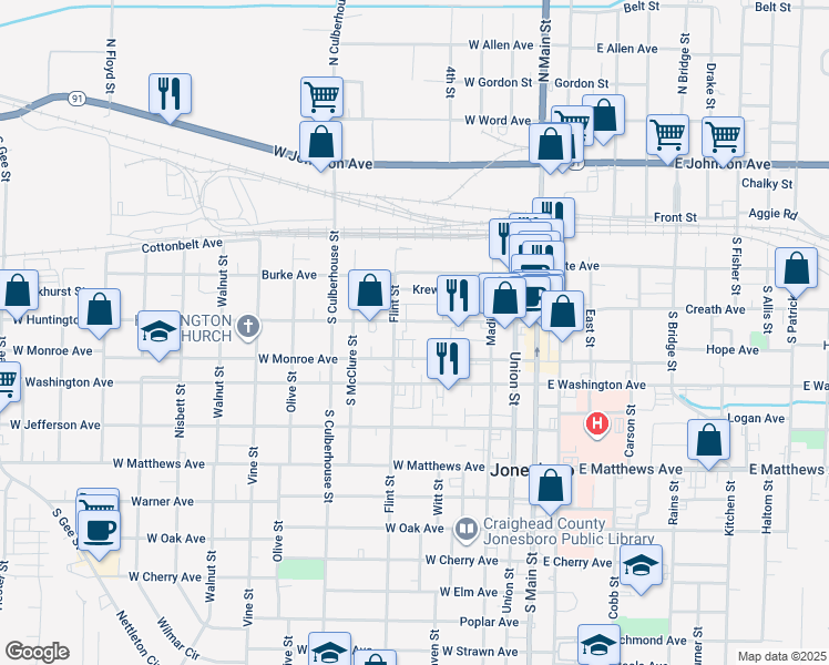 map of restaurants, bars, coffee shops, grocery stores, and more near 514 West Monroe Avenue in Jonesboro
