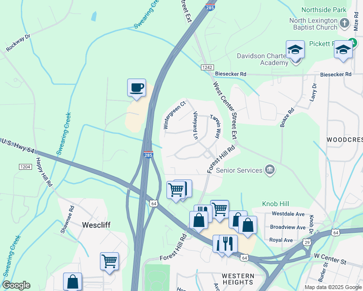 map of restaurants, bars, coffee shops, grocery stores, and more near 142 Habersham Court in Lexington