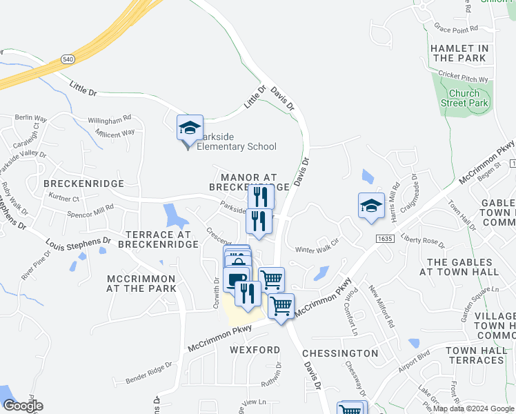map of restaurants, bars, coffee shops, grocery stores, and more near 114 Brentfield Loop in Morrisville