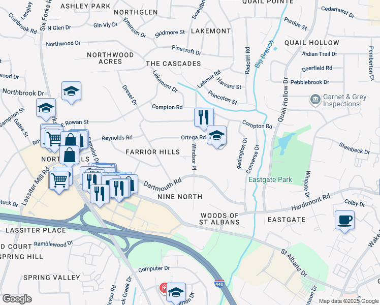 map of restaurants, bars, coffee shops, grocery stores, and more near 413 Vernon Terrace in Raleigh