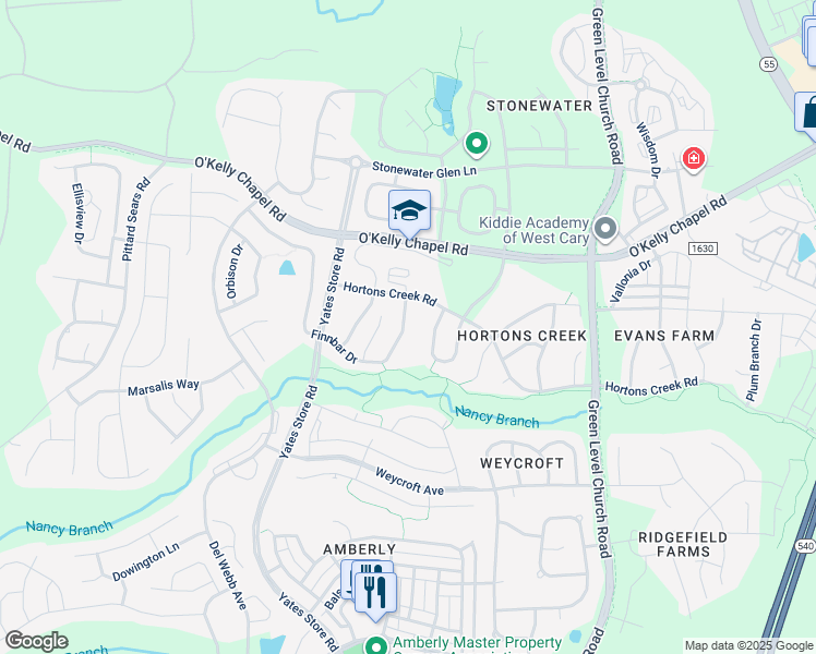 map of restaurants, bars, coffee shops, grocery stores, and more near 519 Finnbar Drive in Cary