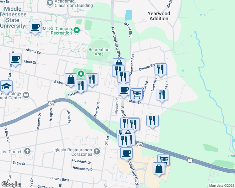 map of restaurants, bars, coffee shops, grocery stores, and more near 141 North Rutherford Boulevard in Murfreesboro