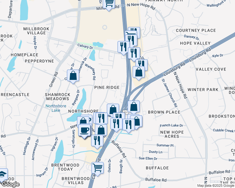 map of restaurants, bars, coffee shops, grocery stores, and more near 4348 Bona Court in Raleigh