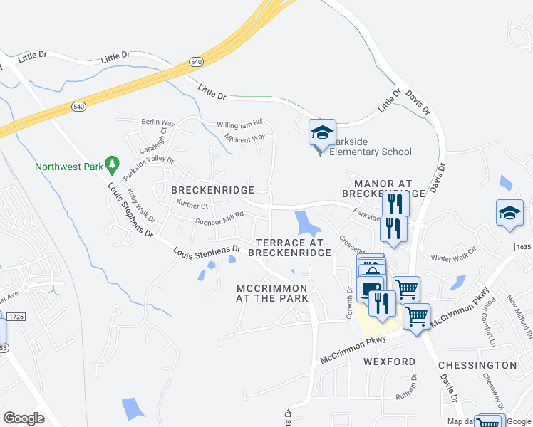 map of restaurants, bars, coffee shops, grocery stores, and more near 100 Spencor Mill Road in Morrisville
