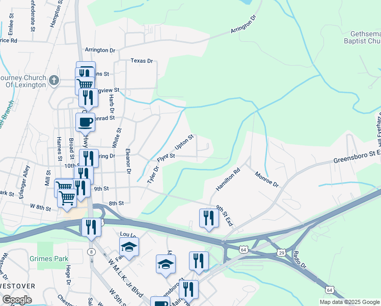 map of restaurants, bars, coffee shops, grocery stores, and more near Northview Drive in Lexington