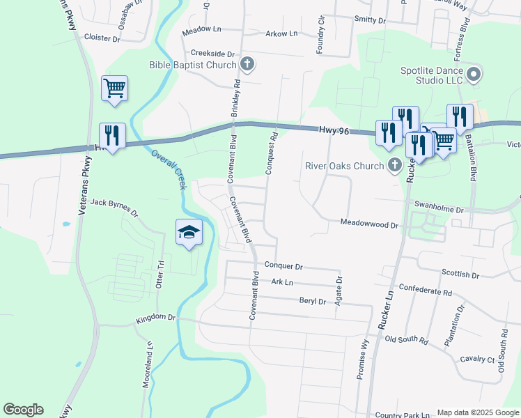 map of restaurants, bars, coffee shops, grocery stores, and more near 385 Conquest Road in Murfreesboro