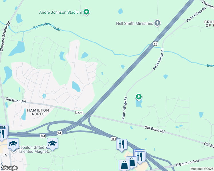 map of restaurants, bars, coffee shops, grocery stores, and more near 504 Gusty Lane in Zebulon