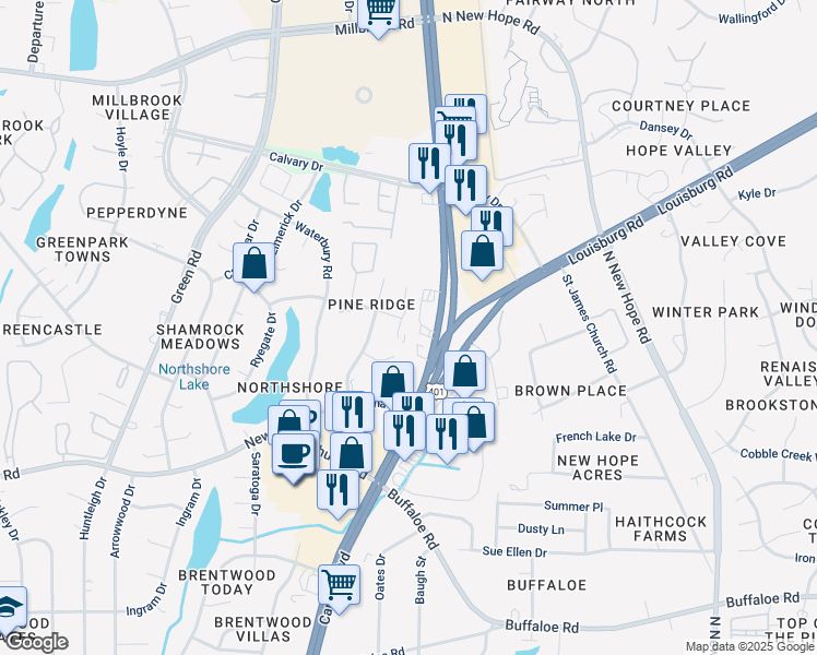 map of restaurants, bars, coffee shops, grocery stores, and more near 4348 Bona Court in Raleigh