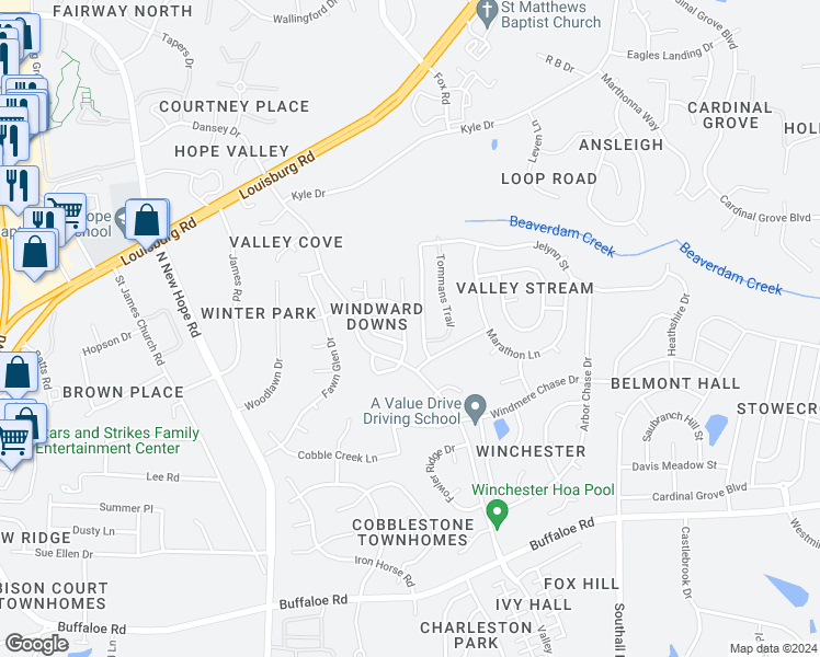 map of restaurants, bars, coffee shops, grocery stores, and more near 4816 Windblown Court in Raleigh