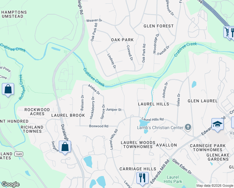 map of restaurants, bars, coffee shops, grocery stores, and more near 4109 Juniper Court in Raleigh