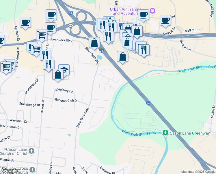 map of restaurants, bars, coffee shops, grocery stores, and more near 605 River Rock Boulevard in Murfreesboro