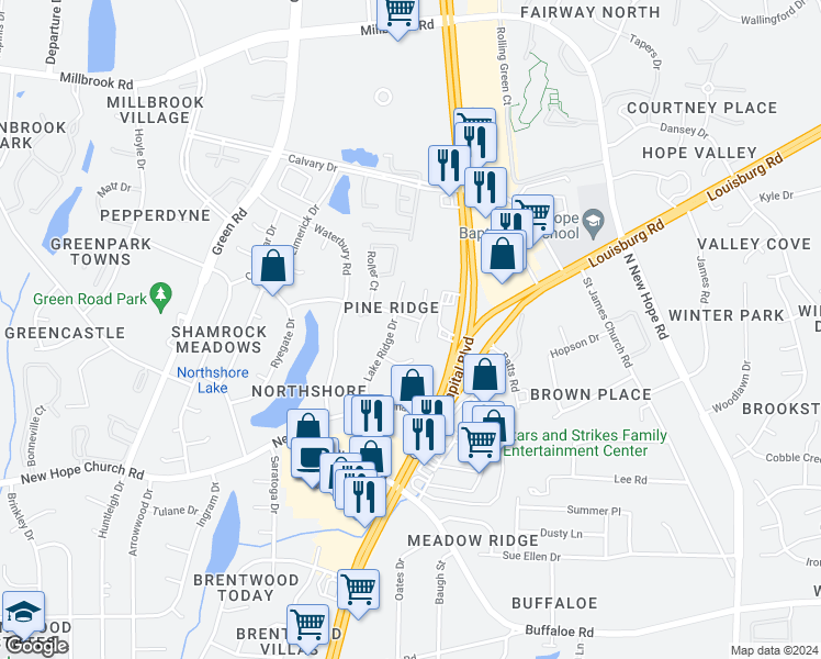 map of restaurants, bars, coffee shops, grocery stores, and more near 4321 Bona Court in Raleigh