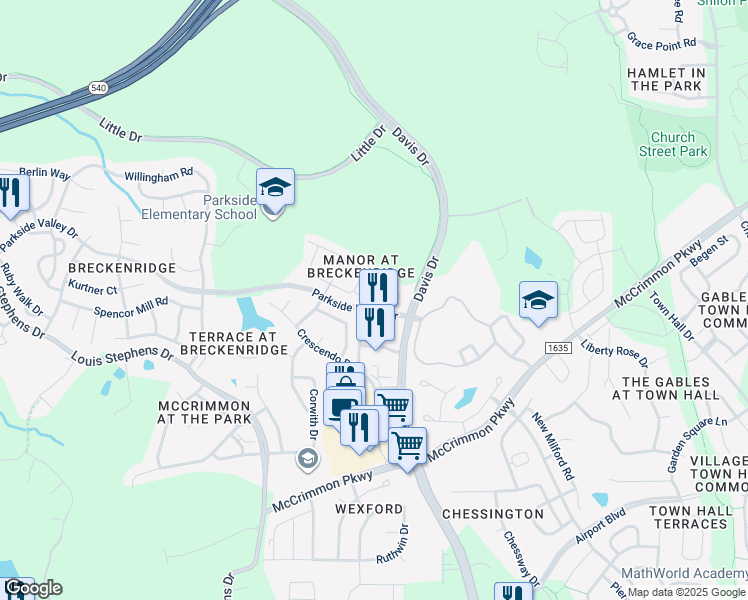 map of restaurants, bars, coffee shops, grocery stores, and more near 114 Brentfield Loop in Morrisville