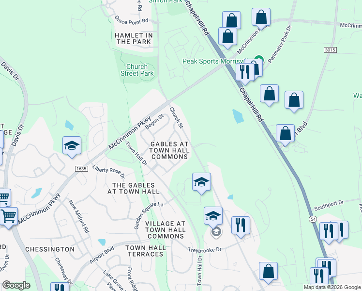 map of restaurants, bars, coffee shops, grocery stores, and more near 600 Courthouse Drive in Morrisville