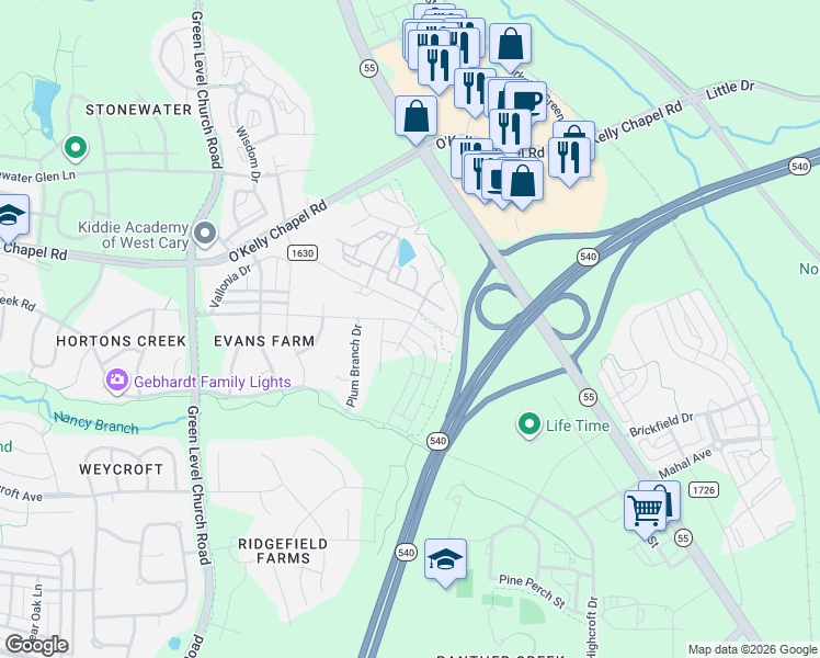 map of restaurants, bars, coffee shops, grocery stores, and more near 2025 Alston Avenue in Cary