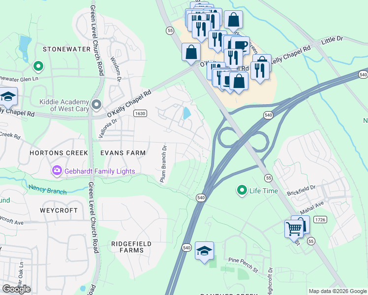 map of restaurants, bars, coffee shops, grocery stores, and more near 2025 Alston Avenue in Cary