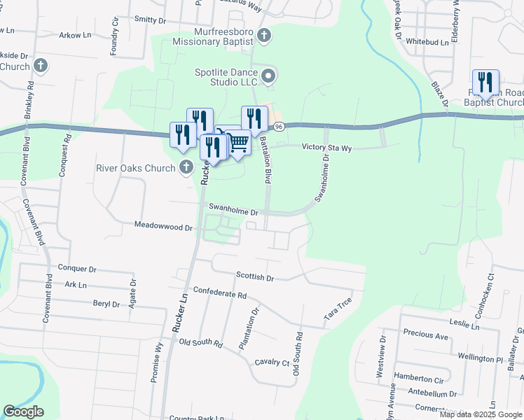 map of restaurants, bars, coffee shops, grocery stores, and more near 375 Swanholme Drive in Murfreesboro