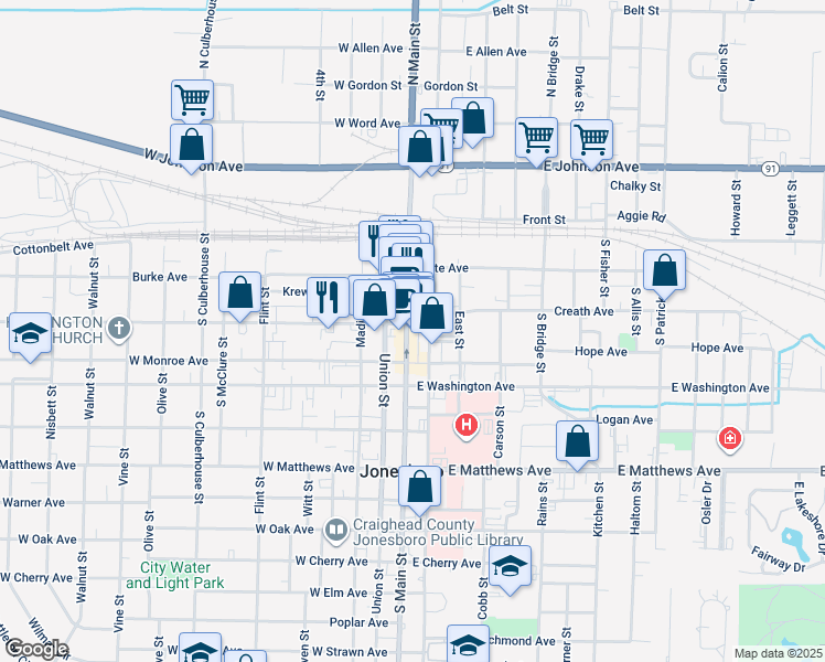 map of restaurants, bars, coffee shops, grocery stores, and more near 322 South Main Street in Jonesboro