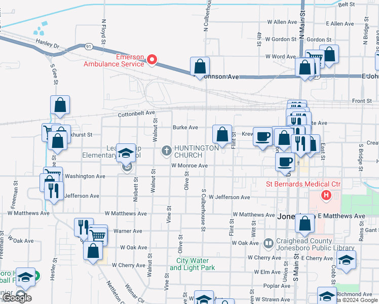 map of restaurants, bars, coffee shops, grocery stores, and more near 718 West Monroe Avenue in Jonesboro