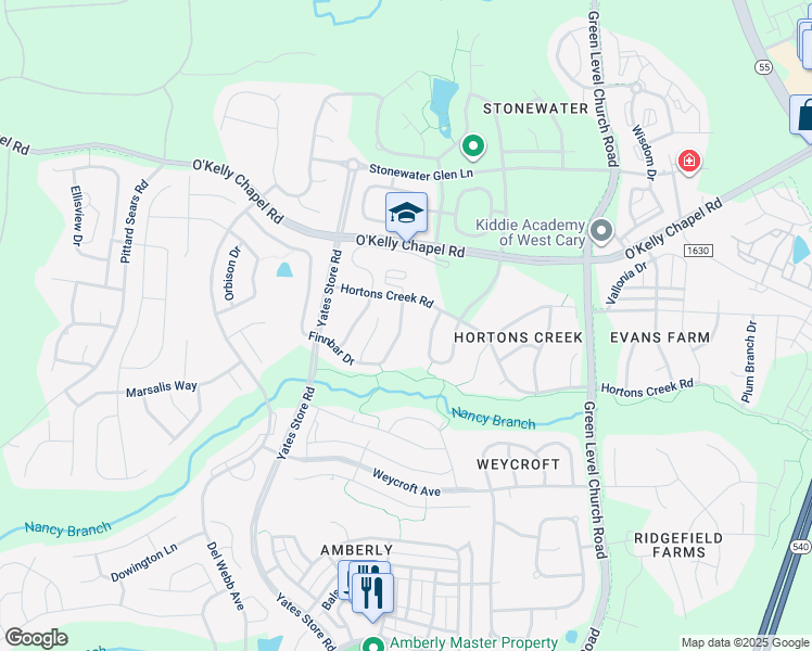 map of restaurants, bars, coffee shops, grocery stores, and more near 519 Finnbar Drive in Cary
