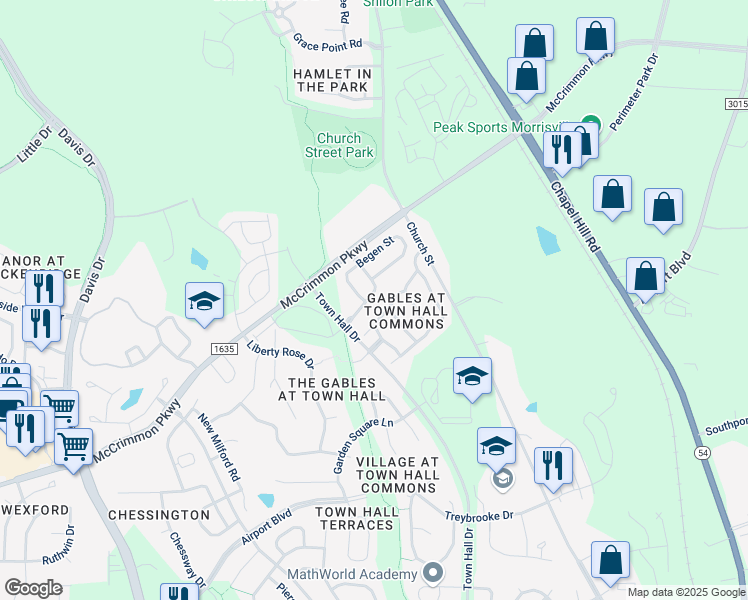 map of restaurants, bars, coffee shops, grocery stores, and more near 208 Concordia Woods Drive in Morrisville