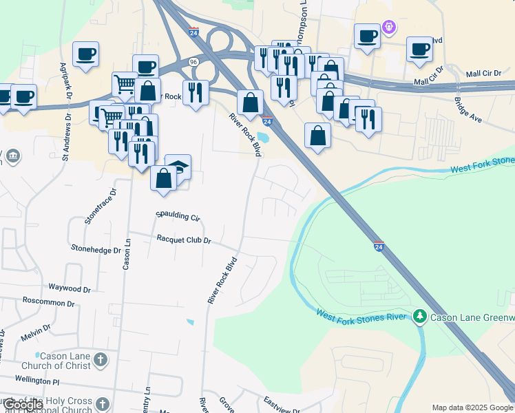 map of restaurants, bars, coffee shops, grocery stores, and more near 563 River Rock Boulevard in Murfreesboro