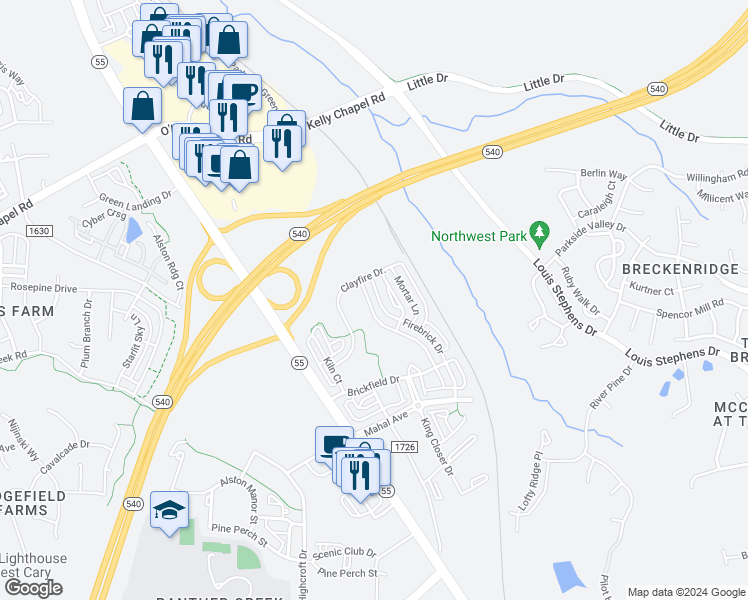 map of restaurants, bars, coffee shops, grocery stores, and more near 4720 North Carolina 55 in Cary