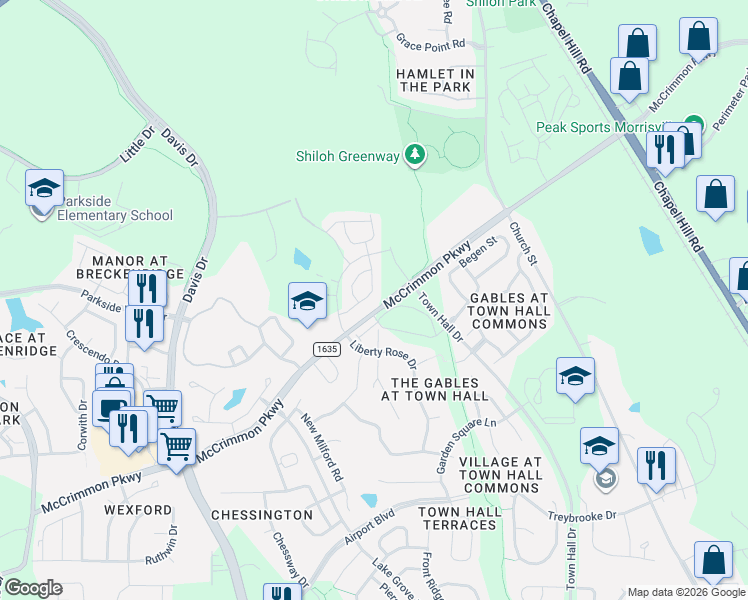 map of restaurants, bars, coffee shops, grocery stores, and more near 1038 Craigmeade Drive in Morrisville