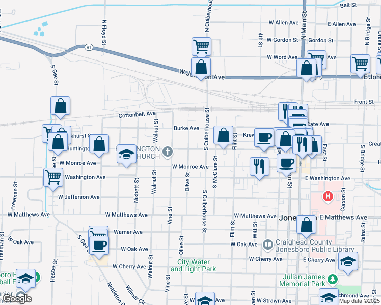 map of restaurants, bars, coffee shops, grocery stores, and more near 300 Olive Street in Jonesboro