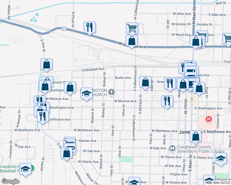 map of restaurants, bars, coffee shops, grocery stores, and more near 837 West Huntington Avenue in Jonesboro