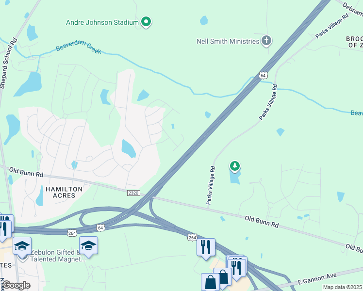 map of restaurants, bars, coffee shops, grocery stores, and more near 504 Gusty Lane in Zebulon