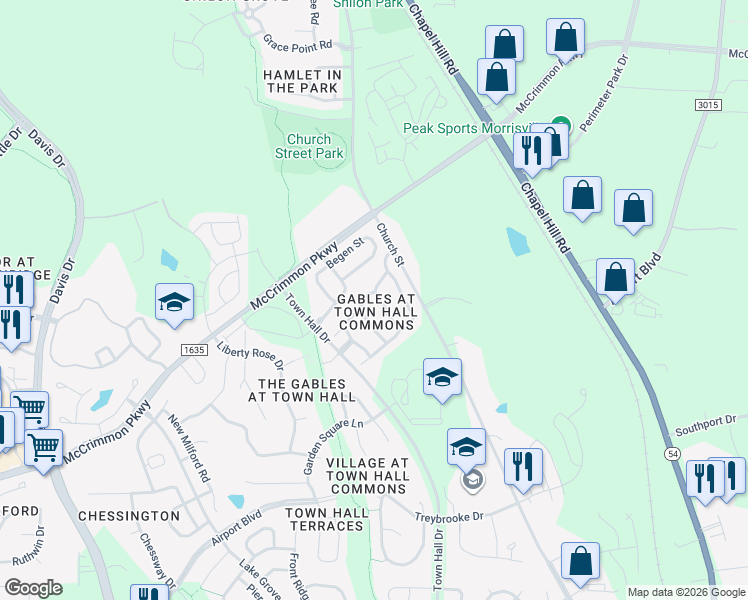 map of restaurants, bars, coffee shops, grocery stores, and more near 107 Bell Tower Way in Morrisville
