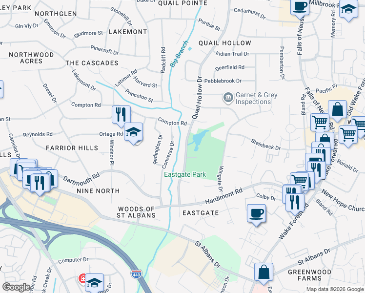 map of restaurants, bars, coffee shops, grocery stores, and more near 4109 Quail Hollow Drive in Raleigh