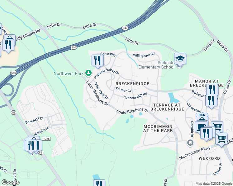 map of restaurants, bars, coffee shops, grocery stores, and more near 601 Spencor Mill Road in Morrisville