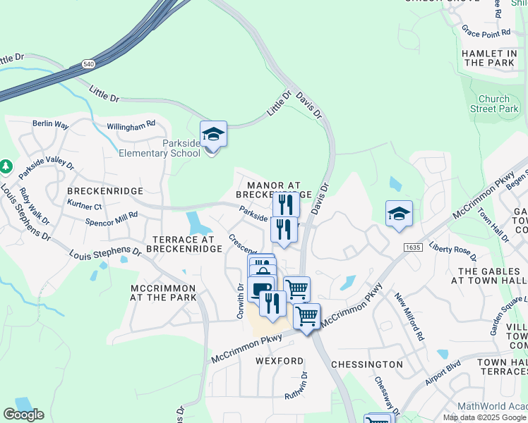 map of restaurants, bars, coffee shops, grocery stores, and more near 110 Durston Loop in Morrisville