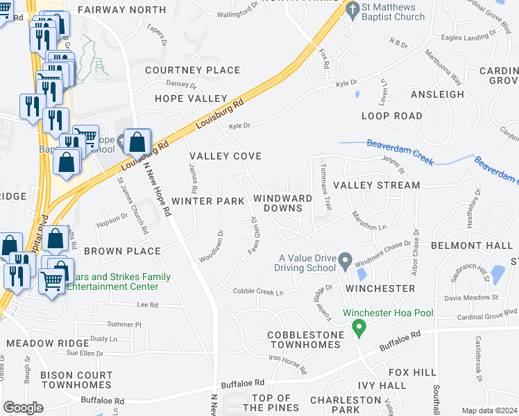 map of restaurants, bars, coffee shops, grocery stores, and more near 4432 Fawn Glen Drive in Raleigh